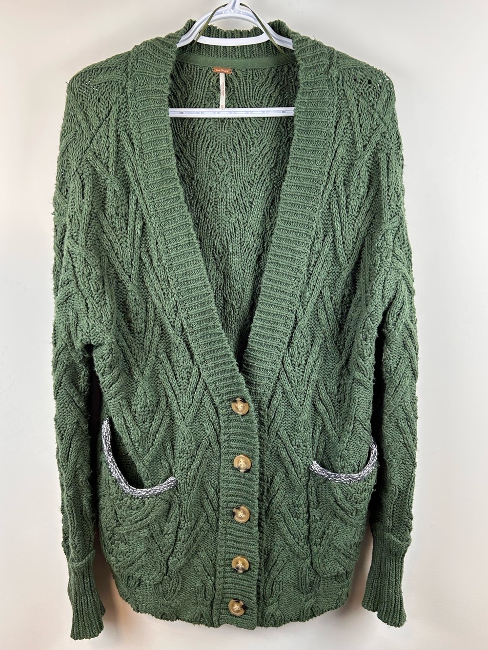 Free People Olive Green Cable Knit Button Front Cardigan XS
